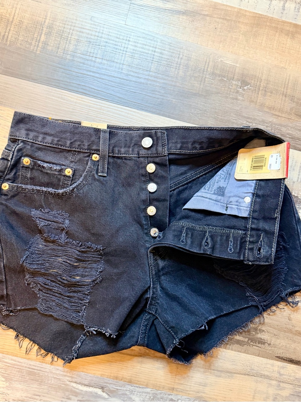 Levi’s 501 Black Denim Shorts Distressed Frayed Hem Button Fly NWT Sz 28